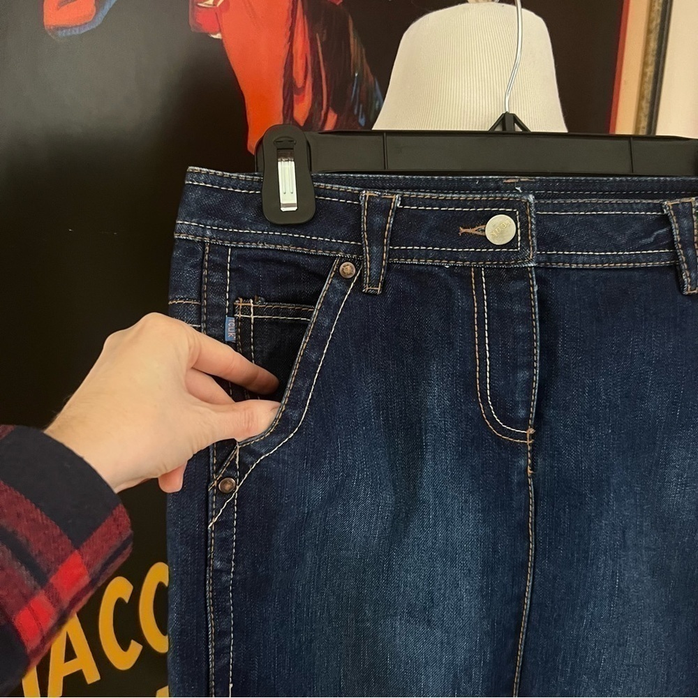 fcuk jeans: Exposed Stitching Dark Denim Jean Skirt  With Functioning Pockets - Picture 3 of 9